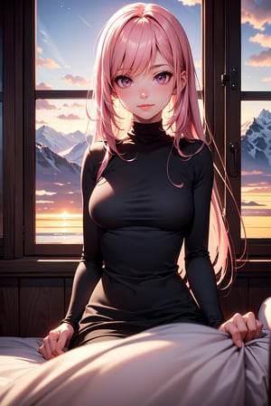 two girls, closed together, (masterpiece, best quality, unity 8k wallpaper, highres), ambient light, (super_beautiful_detailed hair face eyes mouth skin, slender:1.4), (perfect hands, perfect anatomy), BREAK
 1girl, solo, (pink long hair:1.3), vely-long-sagging small-breasts, horizon, sweater, cloud, cloudy sky, evening, mountain, mountainous horizon, sky, sunset, window, in bedroom, on bed, (cowboy shot:1.3), light smile, looking at viewer, blink, sitting