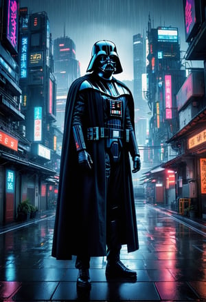 Dark Vador, (((full-body))),Cypherpunk style, wide shot, street, Breathtaking, 8k resolution, extremely detailed, beautiful, establishing shot, artistic, hyperrealistic, ultra realistic render, extremely fine details, like-like render, cinematic lighting, dramatic volumetric lighting, masterpiece, light brazen, extremely detailed and beautiful face, 150mm, HDR10  ,Cyberpunk, in heavy raining futuristic tokyo rooftop cyberpunk night, sci-fi, fantasy, intricate, very very beautiful, elegant, neon light, highly detailed, digital painting, artstation, concept art, soft light, hdri, smooth, sharp focus, illustration,