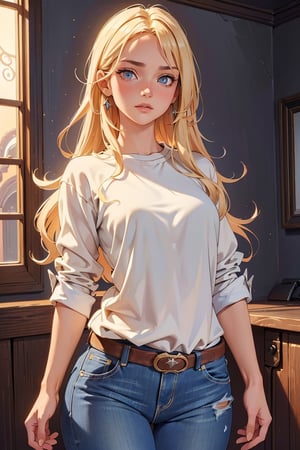 (masterpiece, best quality, highres:1.2), (intricate and beautiful:1.2), (detailed light:1.2), (colorful, dynamic angle),1girl,long blonde iridescent hair,beautiful eyes,detailed,(short jeans and shirts),soft light passing through hair, (official art), (cinematic),(cowboy body shot:1.3)

