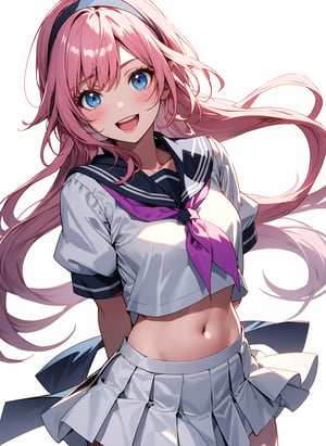 1girl,smile,honkai impact 3rd,hoyun,white serafuku,white shirt,stomach,elysia (honkai impact),skirt,white skirt,detailed forest background,purple neckerchief,arms behind back,highres,midriff,1girl, d,cowboy shot,looking at viewer,honkai (series),solo,white hairband,neckerchief,puffy sleeves,shirt,white background,miniskirt,short sleeves,crop top,puffy short sleeves,pleated skirt,navel,commentary request,long hair,very long hair,hairband,school uniform,serafuku,standing,open mouth,blue eyes,pink hair,