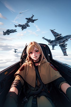 lora:yomama_fighter_jet_pilot_selfie_v2:1, yomama_fighter_jet_pilot_selfie_v2,  lora:RtPL-Malice:0.8, malice_(riviera), blonde_hair, long_hair, blue_cape, white_dress, gloves, sitting, evil smile, sweat, orange sky, dogfight, bullets, blood,, ultra detailed, masterpiece, best quality, aesthetic, detailed,