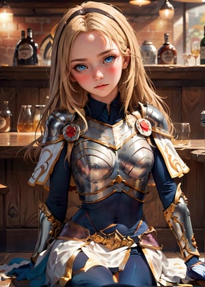(best quality, masterpiece, perfect face, beautiful and aesthetic:1.2, colorful, dynamic angle, highest detailed face) 1girl, solo, (blushed, blank expression:1.1), 1girl, solo, ZenaMarienteil, long hair, bangs, brown gloves, cape, armor, breastplate, blonde hair, (soft light, dramatic light, sharp, HDR), (a woman in sitting at a bar with a glass of beer in front of her), (resting her chin on her palm), 
,lux1