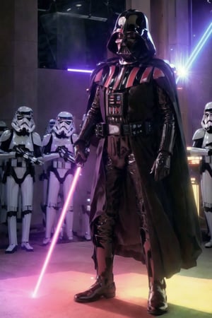 darth vader standing in front of a group of storm troopers in a room,holding lightsabe in his hands, walking across a bunch of stormtroopers behind him,Black_outfit,hood, hood_up, boots, darth vader without helmet,cape,armor, shoulder armor, armored boots, ,darth vader without helmet, looking at viewer,(closed mouth:1.0),NSFW,official art,extremely detailed CG unity 8k wallpaper, perfect lighting,Colorful, Bright_Front_face_Lighting,(masterpiece:1.0),(best_quality:1.0), ultra high res,4K,ultra-detailed,photography, 8K, HDR, highres, absurdres:1.2, Kodak portra 400, film grain, blurry background, bokeh:1.2, lens flare, (vibrant_color:1.2)  