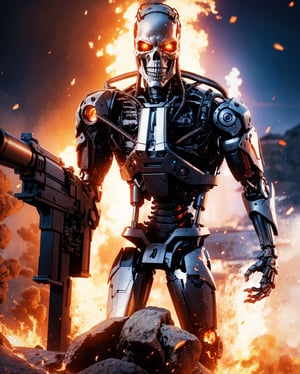 (lora:T800Endoskeleton-10:0.8), (RAW photo, real life, absurdres, high quality, photorealistic, detailed, realistic:1.3), (solo:1.3), ((dynamic pose)), a high resolution comic book art photo of a T800Endoskeleton robot with red eyes and metal skull face and chrome metal body and holding a futuristic gun shooting lasers, standing on a hill of skulls, dark sky and fire and flames and smoke and explosions and robots and post apocalypse war in the background, cinematic, atmospheric, 8k, realistic lighting, shot by Hassleblad H6D, Zeiss, Kodachrome, nikon, 50mm 1.2 lens, Octane Render, ultra realistic, realistic lighting, photorealistic, photorealism, photoreal, unreal engine 5, Adobe After FX, highly detailed, intricate detail