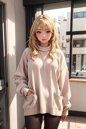 masterpiece, best quality,1girl,  ,long hair,  blonde hair,oversized sweater,