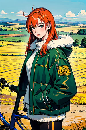 (best quality, masterpiece:1.1),   cowboy shot,     (1female), easygoing face, orange hair, very long hair, spiked hair,        (Shearling Oversized down jacket), (Shearling Oversized puffer jacket), (winter clothes), ((bikes), countryside, pastoral, fields, farms alder),
