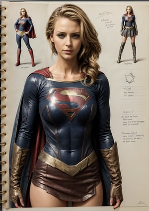 The concept character sheet Sketchbook Style, sexy Supergirl, Sketch book, hand drawn, gritty, realistic sketch, Rough sketch, mix of bold dark lines and loose lines, bold lines, on paper, turn around character sheet,  Full body, arcane symbols, runes, dark theme, Perfect composition golden ratio, masterpiece, best quality, 4k, sharp focus. Better hand, perfect anatomy