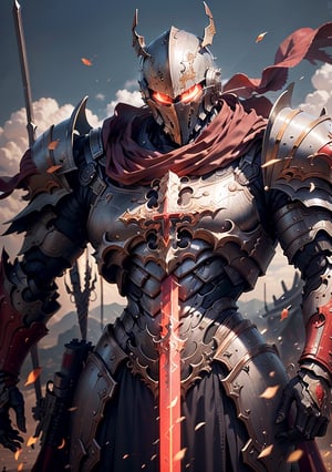 (Realism, photo realism: 1.3), backlight, a knight's mechanical armor, luxurious and exquisite shape, a blue glowing cross carved on the chest of the mecha, the mecha holds a red glowing wide and heavy armor sword, the red scarf sways in the wind, the knight's eyes are red flame light, and the battle posture is drawn