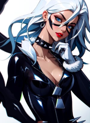 masterpiece, best quality,upper body, solo, absurdres,scenery,  , felicia_blackcat_aiwaifu,long hair,mask,white hair,bodysuit,domino mask,gloves,choker,lipstick,blue eyes,makeup,white gloves,collar,lips,superhero,black bodysuit,fur trim,cleavage,large breasts,collarbone,skin tight,zipper,spiked collar,unzipped,red lips,jewelry,black choker,claws,latex,shiny,center opening,very long hair,            ultra specular detailed, amazing artwork,intricate details,light,attractive, intricate detailed blurry_background,(well defined perfect hands, high detailed skin,detailed face:0.3), (scenery, golden_ratio,highres, incredibly_absurdres:0.2),(scenery,sidelighting,masterpiece:0.5),
