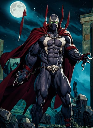 spawn, chain, red cape, glowing eyes, night, moon, glowing, green eyes, green fire, hand up, sky, claws, cloud, solo, castle, night sky, abs, intricate details, masterpiece, absurdres, best quality, cowboy shot, lora:spawn:0.9