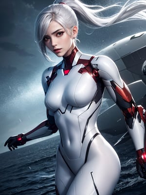 absurdres, best quality, 1girl, solo, eye focus, looking at viewer,   , samus aran, ponytail, hair tie, white gloves, white bodysuit, futuristic knight, (silver, long hair), mecha girl, mechanical parts, under the water, Expressive Hues, Vibrant Palette, Black and white clothes, ironman suit  , , fishnets, floating hair,  , striking  , succubus, ethereal background, (dramatic angle, dynamic pose),     , storm, lightning, wet hair,  , rain, wet body, wind, , cyborg shark
