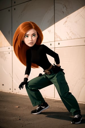 lora:Kim_Possible:1,Orange-red hair, green eyes, confident expression, black turtleneck, black gloves, brown belt, green cargo pants, pale skin, thin eyebrows, crouching, bent legs, 