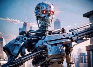 t800endoskeleton, skull face, red eyes, robot,  holding weapon, weapon, holding ,aiming,  outside, city roof, blue sky,  lora:T800Endoskeleton:.8, T800Endoskeleton