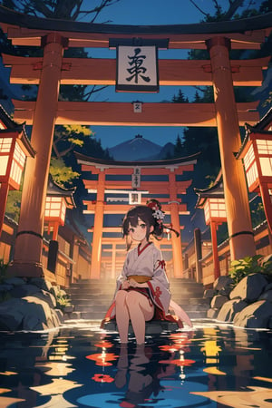 (masterpiece:1.2), 1girl, japanese clothes, shrine,torii,onsen, fantasy, sit