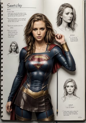 The concept character sheet Sketchbook Style, sexy Supergirl, Sketch book, hand drawn, gritty, realistic sketch, Rough sketch, mix of bold dark lines and loose lines, bold lines, on paper, turn around character sheet,  Full body, arcane symbols, runes, dark theme, Perfect composition golden ratio, masterpiece, best quality, 4k, sharp focus. Better hand, perfect anatomy