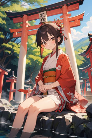 (masterpiece:1.2), 1girl, japanese clothes, shrine,torii,onsen, fantasy, sit