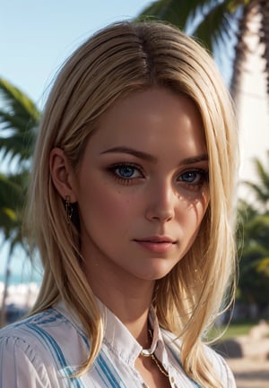 (extremely detailed, realistic, perfect lighting, vibrant colors,intricate details,absurdres),(masterpiece, high detailed skin:1.3),1girl,light blonde hair,layered hair, in the detailed beach, solid smlie, 