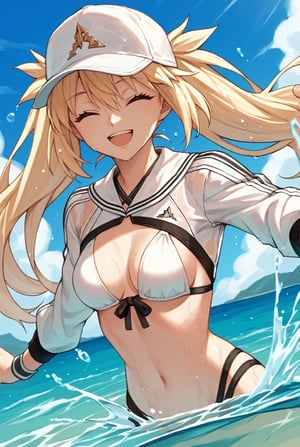 1girl, blonde hair, long hair, green eyes, twintails, swimsuit, white bikini, baseball cap, cropped jacket, shrug \(clothing\), long sleeves, wristband, smile, submerged, dutch angle, cowboy shot, beach, sea, splashing, closed eyes, smile, open mouth, sweat, wet, looking at viewer,  lora:Castoria:0.8, score_9, score_8_up, score_7_up, score_6_up, score_5_up, score_4_up, BREAK source_anime, masterpiece
