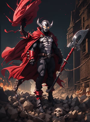 King spawn2025, demonic helmet, long black collar, black cowl, black cape, chains, skulls, glowing red eyes, black gauntlets, spikes, dramatic lighting, hyper realistic, raw image, 8k, muscular, uhd, best quality, award winning photo, rtx on, unreal engine 5, full body, wide angle shot, head to toe, gothic city, superhero pose, absurdres, long cape, large red boot, large gauntlet, flowing cape, round axe, asymmetrical red armor, 300dpi, upscaled 8K, masterpiece, finest quality art, perfect anatomy 
