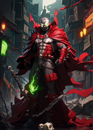 spawn2023, helmet, long red collar, red cowl, red cape, chains, skulls, glowing green eyes, red gauntlets, spikes, dramatic lighting, hyper realistic, raw image, 8k, muscular, uhd, best quality, award winning photo, rtx on, unreal engine 5, full body, wide angle shot, head to toe, gothic city, superhero pose, absurdres, long cape, large red boot, large gauntlet, flowing cape, round axe, asymmetrical red armor,
