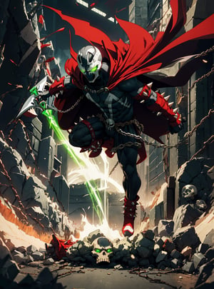 spawn2023, helmet, long red collar, red cowl, red cape, chains, skulls, glowing green eyes, red gauntlets, spikes, dramatic lighting, hyper realistic, raw image, 8k, muscular, uhd, best quality, award winning photo, rtx on, unreal engine 5, full body, wide angle shot, head to toe, gothic city, superhero pose, absurdres, long cape, large red boot, large gauntlet, flowing cape, round axe, asymmetrical red armor,
