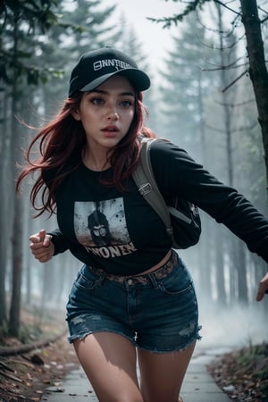 ((beautiful scared woman running desperately from a monster)), wearing dirty rags, bagpack and sneakers in a icy forest at night, blood on clothes, blood on face,  photo realistic, highly detailed, detailed face, detailed eyes, cute, terrified, baseball cap, red hair, masterpiece, extreme wide shot, extreme long shot, 8k uhd, film grain, extreme res, dark night., detailed shadows and lighting, fog , shallow depth of field, vignette, highly detailed, high budget, bokeh, cinemascope, moody, epic, gorgeous, film grain, grainy, dimlight, darkness, RAW photo, a 22-year-old-girl,  (1girl), (realistic), (photo-realistic:1.5), 8k uhd, film grain), Sharp Eyeliner, Blush Eyeshadow With Thick Eyelashes, extremely delicate and beautiful, 8k, soft lighting, high quality, highres, sharp focus, extremely detailed eyes and face, masterpiece, cinematic lighting, (high detailed skin:1.2), 8k uhd, dslr, soft lighting, high quality, film grain, Fujifilm XT3

