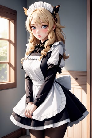 1girl, navia \(genshin impact\), solo, blonde hair, maid, maid headdress, maid apron, embarrassed, pantyhose, blush, parted lips, looking at viewer, cowboy shot, room, indoors, depth of field, masterpiece
,navia