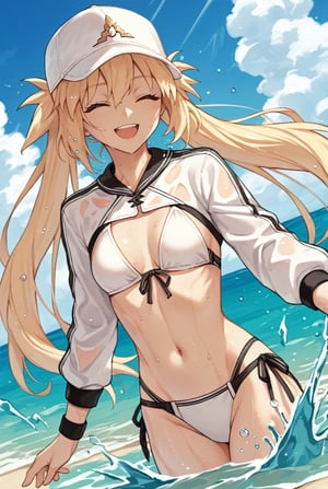 1girl, blonde hair, long hair, green eyes, twintails, swimsuit, white bikini, baseball cap, cropped jacket, shrug \(clothing\), long sleeves, wristband, smile, submerged, dutch angle, cowboy shot, beach, sea, splashing, closed eyes, smile, open mouth, sweat, wet, looking at viewer,  lora:Castoria:0.8, score_9, score_8_up, score_7_up, score_6_up, score_5_up, score_4_up, BREAK source_anime, masterpiece
