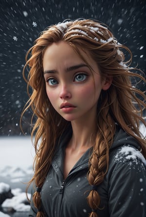 young woman, heavy snowfall, large snow flakes, (art by Nan Goldin :1.2) ,  dark sky, sad, melancholy atmosphere, messy long hair, wind, cinematic angle,  mountain top, (floating hair:1.3), frozen lake, depth of field, from back, masterpiece, best quality, highres, slate gray atmosphere, soft cinematic light, sharp focus, photolab, lightroom,  