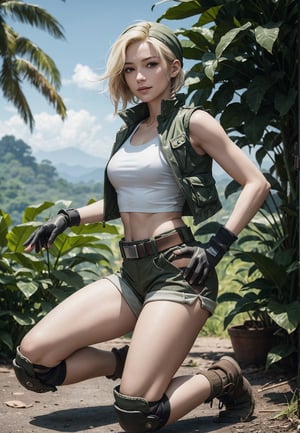 Eri,military clothing, bandana,short blonde hair,knee pads,gloves,midriff,crop top,brown eyes,boots,short shorts,belt,socks,holsters,vest,looking at viewer, serious, smirk, 
kneeling, on knees, sexy pose, outside, jungle, blue sky, extreme detail, hdr, beautiful quality, 
