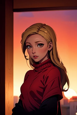 1 young cute girl, very slim, skinny, blonde hair, rouge, oversize knit jumper, softcore, warm lighting, cosy atmosphere, Instagram style, red theme, upper body shot,(cinematic, black and red:0.85), (sunset beautiful background:1.3), sharp, dim colors