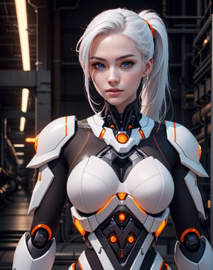woman in her 20s, Korean, (perfect face), defined jawline, beautiful lips, (beautiful bright blue eyes), (white hair, ponytail), (perfect anatomy), (athletic body), (sexy), (perfect hands), (intricate geometric robotic white body armor, orange and gunmetal accents), (looking at viewer), (medium shot photograph), (futuristic industrial factory background), lyco:Robotaction:0.8, photorealistic
