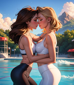 2girl, twin sisters, multiple girls, they are the same height, closed together, very closed hug, imminent kiss, masterpiece, best quality, blonde hair, light brown hair, light blonde hair, woman, (they are wearing leggings and sports bra), in the detailed water park, mountain in background, in the water, perfect nipples, 3/4 body portrait, showing off, seductive_pose, ,they are looking love, solid smile, lesbain atmosphere, perfect light, breasts grabbing, 