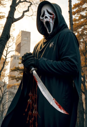masterpiece,best quality,extreme detail,8k,white background,lora:ghostface:0.8,ghostface, solo, open mouth, holding, weapon, outdoors, signature, hood, holding weapon, tree, mask, night, knife, city, cloak, 1other, hood up, forest, holding knife, blood on weapon, blood on knife