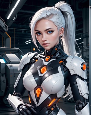 woman in her 20s, Korean, (perfect face), defined jawline, beautiful lips, (beautiful bright blue eyes), (white hair, ponytail), (perfect anatomy), (athletic body), (sexy), (perfect hands), (intricate geometric robotic white body armor, orange and gunmetal accents), (looking at viewer), (medium shot photograph), (futuristic industrial factory background), lyco:Robotaction:0.8, photorealistic
