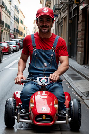 an Italian plumber man is driving a gokart on a city street, blue overalls, suspenders, red shirt, red hat, happy, big eyes,
