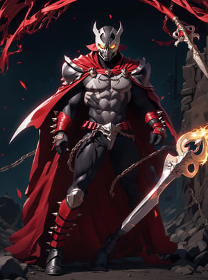 King spawn2025, demonic helmet, long black collar, black cowl, black cape, chains, skulls, glowing red eyes, black gauntlets, spikes, dramatic lighting, hyper realistic, raw image, 8k, muscular, uhd, best quality, award winning photo, rtx on, unreal engine 5, full body, wide angle shot, head to toe, gothic city, superhero pose, absurdres, long cape, large red boot, large gauntlet, flowing cape, round axe, asymmetrical red armor, 300dpi, upscaled 8K, masterpiece, finest quality art, perfect anatomy 
