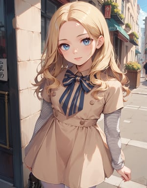 score_9, score_8_up, score_7_up,score_6_up, score_5_up, score_4_up,M3GAN, 1girl, long hair, blue eyes, blonde hair, parted bangs, split bangs, white pantyhose, beige dress, long sleeves, striped sleeves, bow, black shoes, in the detailed city streets, 