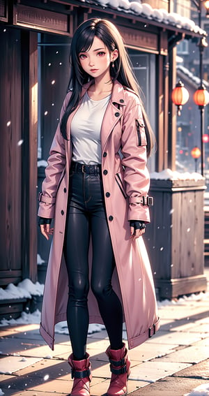 cute girl, long hair, fashion coat, pink winter coat, Jeans, standing looking up at the sky as snow is falling, winter city, cloudy, 4K, ultra HD, RAW photo, realistic, masterpiece, best quality, beautiful skin, white skin, 50mm, medium shot, outdoor, half body, photography, Portrait, ,chinatsumura, high fashion, snowflakes