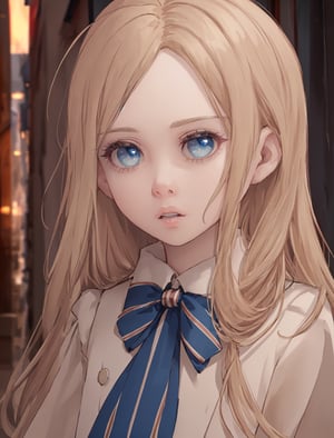 ,(looking at viewer),(cowboy shot dynamic pose:1.22),M3GEN/(Robot Girl/), 1girl, solo, long hair, blonde hair, realistic, blurry, blue eyes, bow, photo inset, upper body, bowtie, parted lips, ribbon, lips,detailed shiny skin,perfect and very white teeth,finely detailed beautiful eyes,Ultra-fine facial detail,eyelashes,Glossy pink lips,(detailed The dark and terrifying alleys background:1.4),outdoors,(day:1.33),depth of field,intricate,elegant,highly detailed,digital photography,masterpiece,hdr,,
