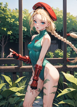 masterpiece, best quality, highres, 1girl, cammy white, twin braids, long hair, blonde hair, antenna hair, beret, (red headwear:1.3), blue eyes, scar on cheek, green leotard, medium breasts, sleeveless, red gloves, fingerless gloves, camouflage, lora:cammy_white_v1:0.7,  cowboy shot, standing, outdoors, arms at sides, straight-on,
