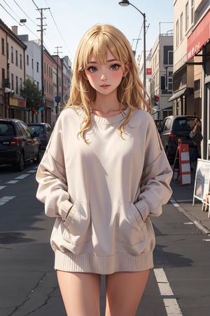 masterpiece, best quality,1girl,  ,long hair,  blonde hair,oversized sweater,