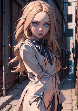 ,(looking at viewer),(cowboy shot dynamic pose:1.22),M3GEN/(Robot Girl/), 1girl, solo, long hair, blonde hair, realistic, blurry, blue eyes, bow, photo inset, full body, bowtie, parted lips, ribbon, lips,detailed shiny skin,perfect and very white teeth,finely detailed beautiful eyes,Ultra-fine facial detail,eyelashes,Glossy pink lips,(detailed The dark and terrifying alleys background:1.4),in the room, (day:1.33),depth of field,intricate,elegant,highly detailed,digital photography,masterpiece,
