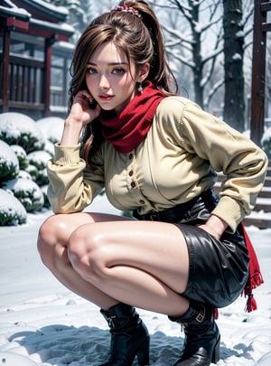 (Best quality, 8k, 32k, Masterpiece, UHD:1.2),Photo of Pretty european woman, stunning, 1girl, (medium dark blonde ponytail), double eyelid, natural medium-large breasts, slender legs, tall body, soft curves, white coat, knit dress shirt, checkered skirt, red scarf, snow heeled boot, sitting on stairs on shrine, snowy shrine, heavy snow on shrine, fashion model posing, unforgettable beauty, look at viewer, sexy smile, closed to up, lifelike rendering, detailed facial features, detailed real skin texture, detailed details 