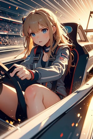 (((masterpiece))), (((best quality))), (((from front))), (((driving a formula racing))), ((fingers on (steering wheel))), sitting on cockpit, sharp eyes, helmet, dark gray jacket, gray uniform, speed lines, electric current, spiral wind, neon lights, dust, spark, shards, 1girl, big tits, blonde twinbun hair, sweat, slim figure, big turn, lora:girllikeformularacing_v20:1
