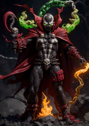 spawn, solo, skull, male focus, red cape, glowing eyes, embers, green fire, glowing, chain, looking at viewer, standing, upper body, intricate details, masterpiece, absurdres, best quality, spawn2023,
