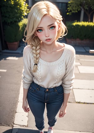 senior,cute,slender,european, emerald eyes,pale cheeks,square face shape with angular jaw,natural "no-makeup" makeup,(light blonde hair),
wearing Chunky cable-knit Aran sweater with wide-leg corduroy pants and platform sneakers,
bird's-eye view,
small breasts,
,
blurred desaturated bokeh background,
dark theme,
soothing tones,
muted colors,
high contrast,
(pale skin texture, hyperrealism, soft light, sharp),
artistic photoshoot,
milkmaid braid hair,
(ultra realistic,32k, masterpiece),(high detailed skin),( high quality),nsfw,
