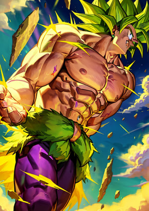 broly, legendary super saiyan, green hair, spiky hair, white eyes, muscular, tall, face scar, left arm scar, bicep scar, green fur pelt draped around the waist, black bracelets, tight purple pants
