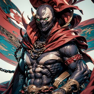 (masterpiece:1.2, best quality:1.2), ((masterpiece)), (((best quality))), ((ultra-detailed)), ((illustration)), (1man, male, solo), (spawn, red cape, chains, green eyes), buff, mask, white markings, full black suit, broad shoulders
,spawn
