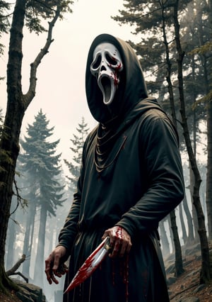masterpiece,best quality,extreme detail,8k,white background,lora:ghostface:0.8,ghostface, solo, open mouth, holding, weapon, outdoors, signature, hood, holding weapon, tree, blood, mask, night, knife, nature, cloak, 1other, hood up, forest, holding knife, blood on weapon, blood on knife
